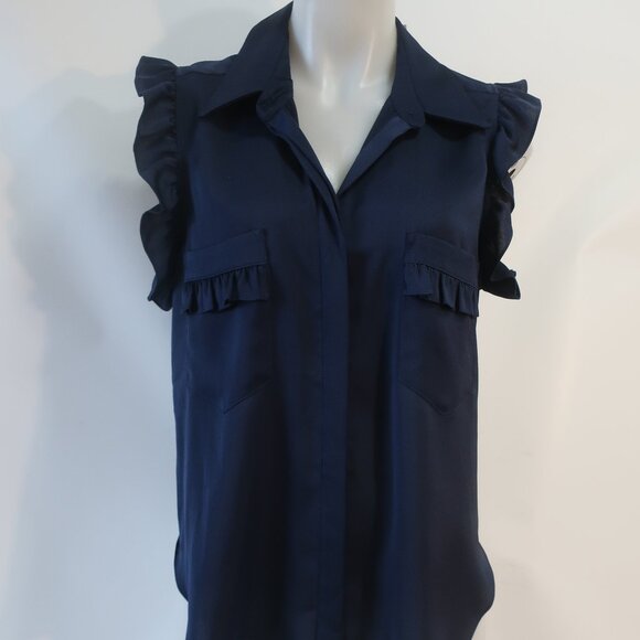 NWT Women Misa Los Angeles Navy Blue (Item- 126) Ruffled Sleeves Blouse Top M - Picture 5 of 10